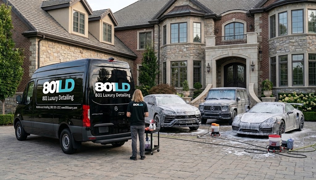 801 Luxury Detailing Sprinter van and technician with long blonde hair foam-washing luxury cars in a driveway