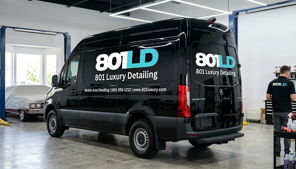 801 Luxury Detailing branded black Mercedes Sprinter van parked in a bright detailing shop